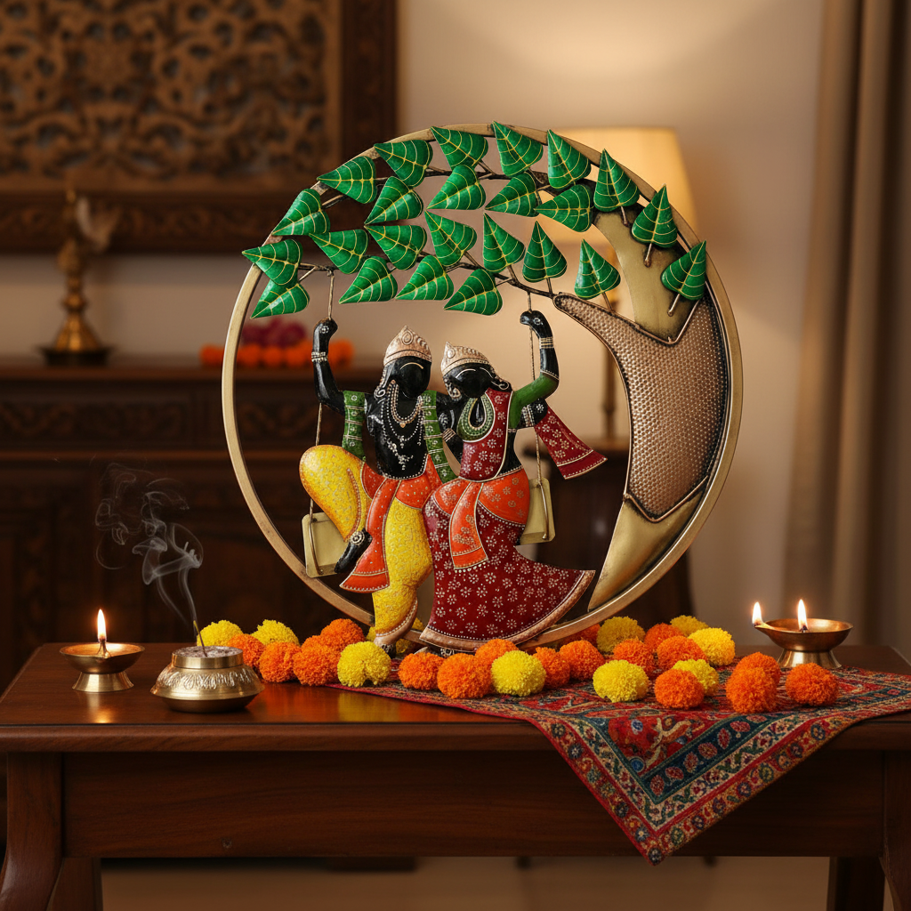 Radha Krishna Jhula Swing In Attractive Shades Round Metal Wall Art By Tamrapatra - Tamrapatra