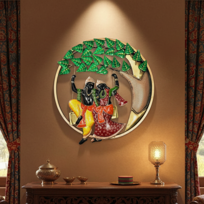 Radha Krishna Jhula Swing In Attractive Shades Round Metal Wall Art By Tamrapatra