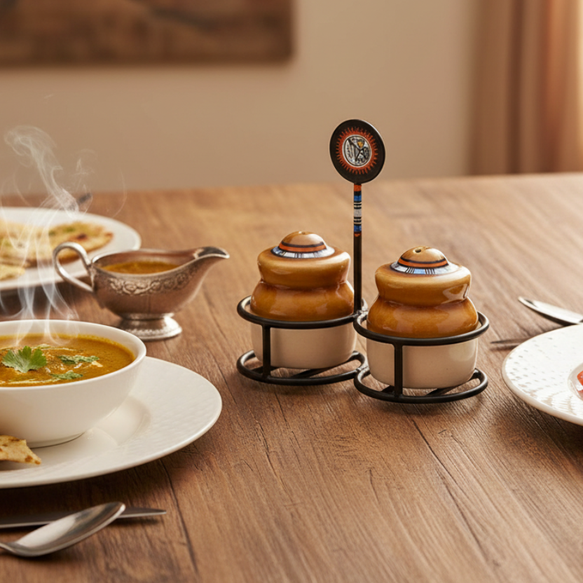 New Unique Ceramic Salt Pepper Pots On Tray Warli Hand Painted From Tamrapatra