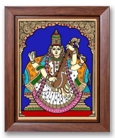 Ganesh Lakshmi Sarasvati Tanjore Reverse Glass Painting Wall Art By Tamrapatra