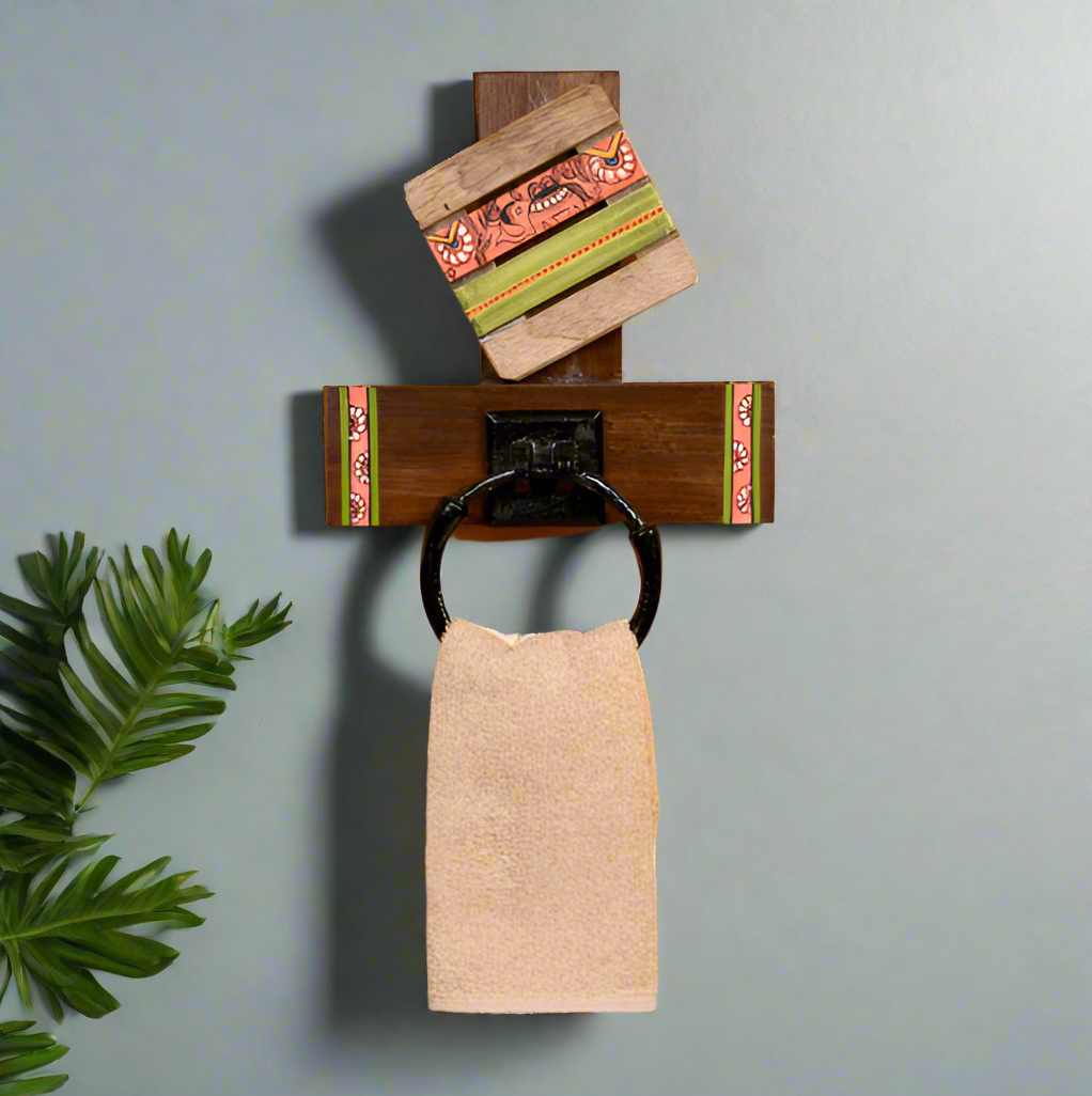 Wooden paper towel holder with decorative elements on a yellow background