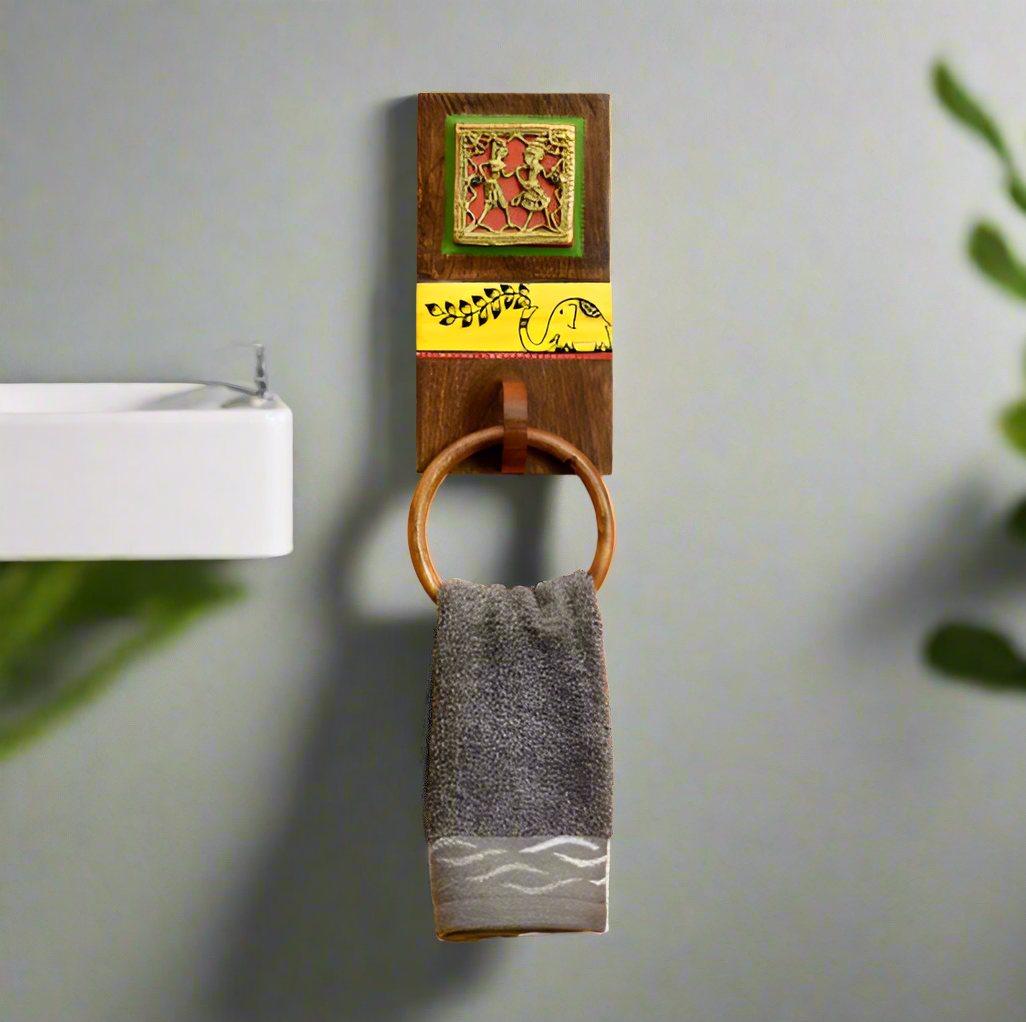 Towel ring with a gray towel on a yellow background