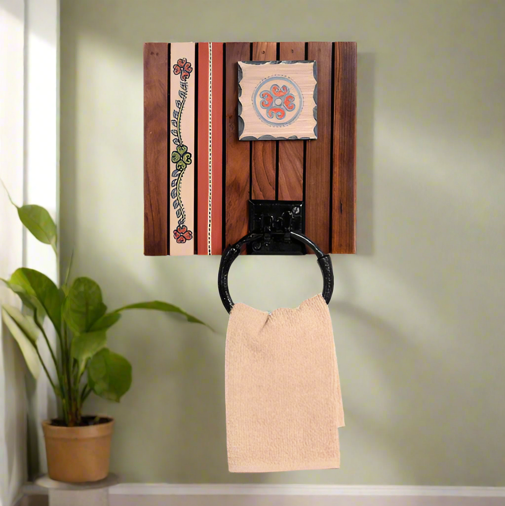 Towel holder with wooden design and floral patterns on a white background