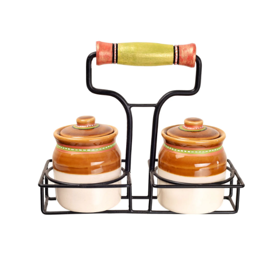 Cermic Jars With Metal Stand Storage Pickle Food Serveware From Tamrapatra