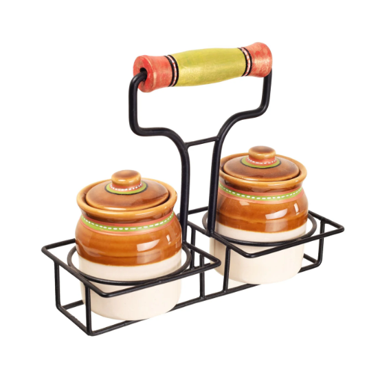 Cermic Jars With Metal Stand Storage Pickle Food Serveware From Tamrapatra