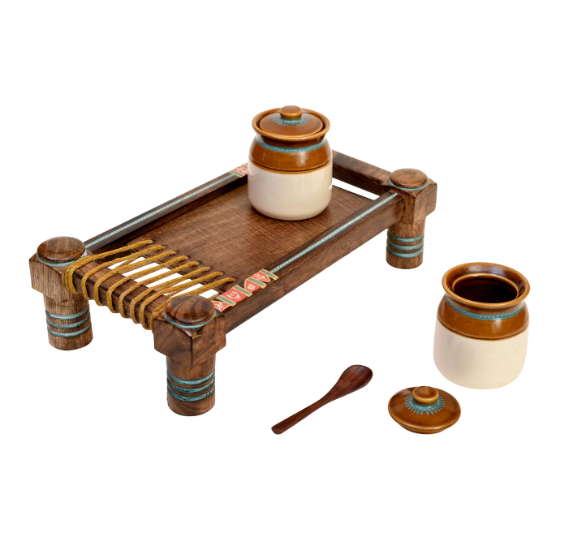 Picke Jars With Charpoy Traditional Way Of Serving Collection From Tamrapatra