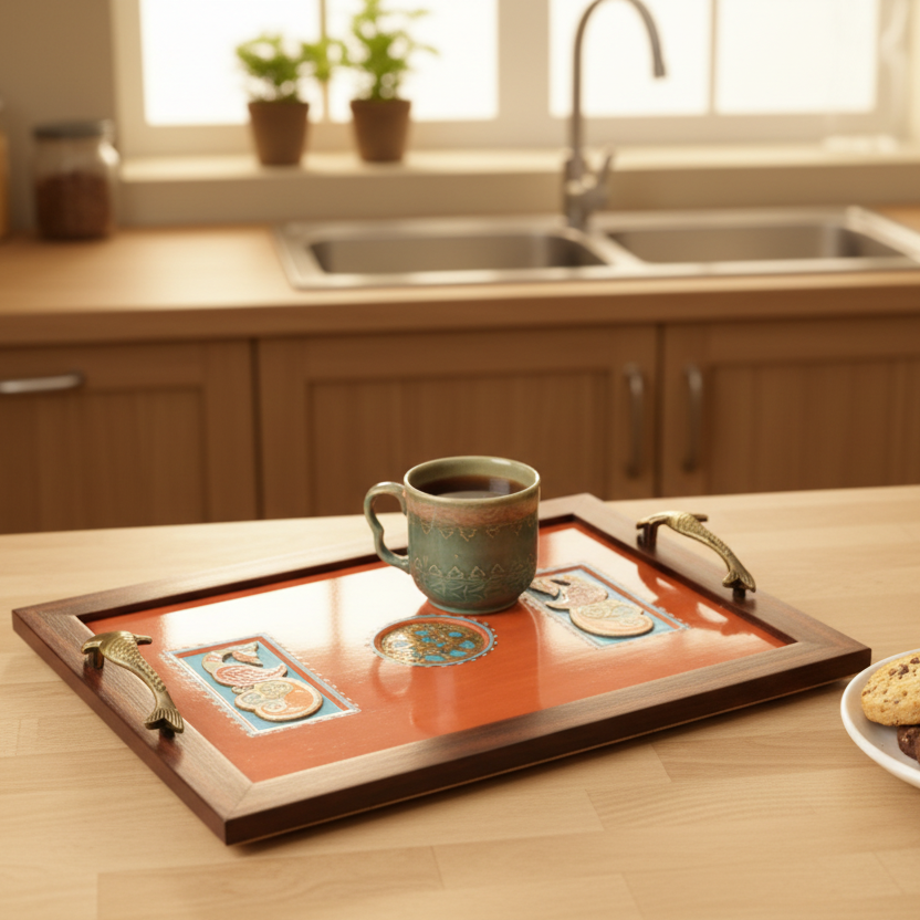 Exclusive HandPainted Tray New Design Peacock Dhokra Utility Art By Tamrapatra