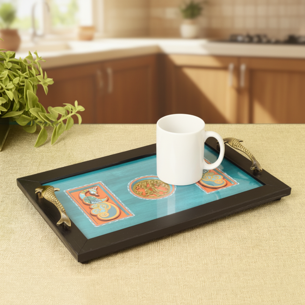 Decorative tray with a cup on a beige surface, featuring a plant in the corner.