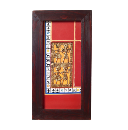 Cool Red Shade Warli Hand Painted With Tribal Dhokra Art Frame From Tamrapatra