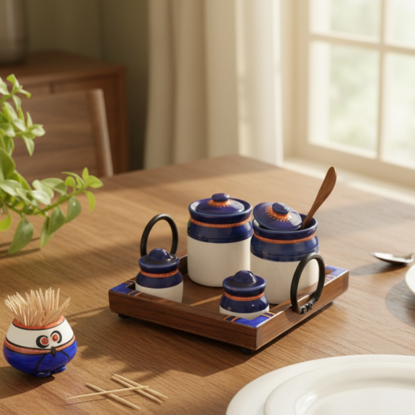 Set of ceramic containers with blue lids on a wooden tray, accompanied by a toothpick holder, on a beige surface.