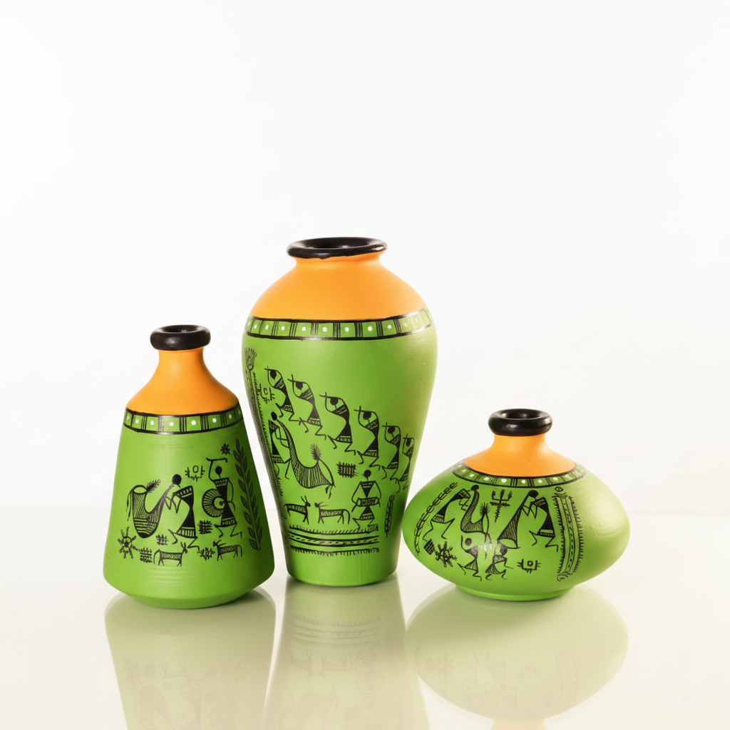 Warli Hand Painted Bottle Shape Pots Various Designs In Set Of 3 By Tamrapatra - Tamrapatra