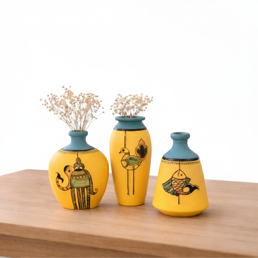Warli Hand Painted Bottle Shape Pots Various Designs In Set Of 3 By Tamrapatra - Tamrapatra