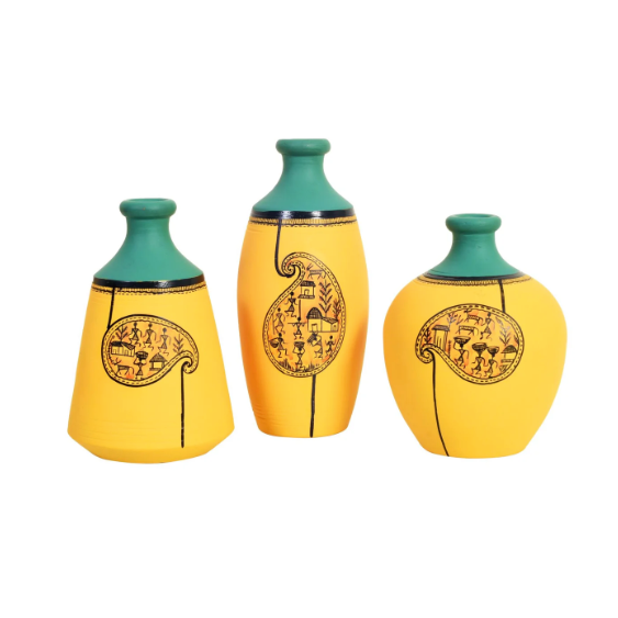 Warli Hand Painted Bottle Shape Pots Various Designs In Set Of 3 By Tamrapatra - Tamrapatra