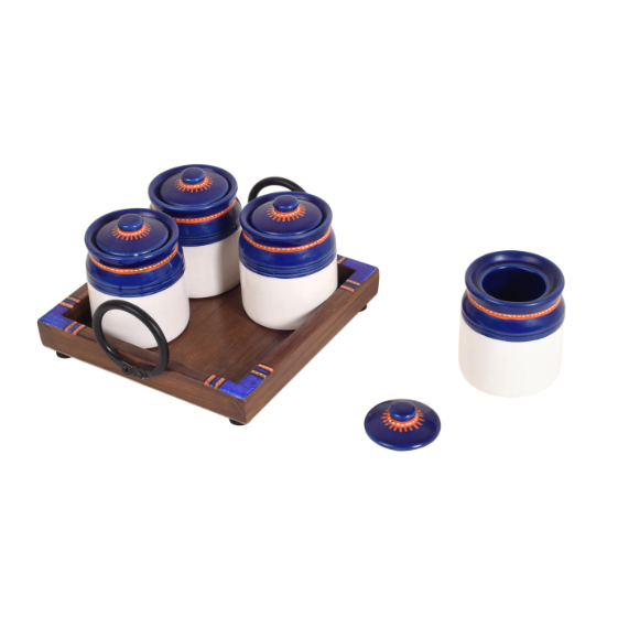 Conceptual Strong Build Tray With 3/4 Blue Pickle Jars Handicraft By Tamrapatra - Tamrapatra