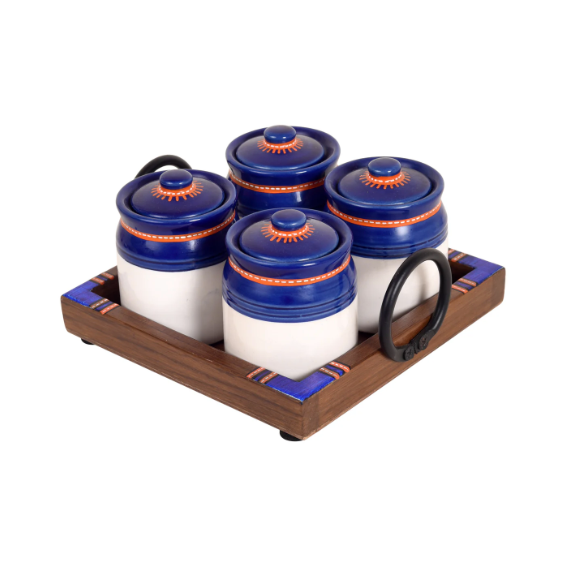 Conceptual Strong Build Tray With 3/4 Blue Pickle Jars Handicraft By Tamrapatra - Tamrapatra