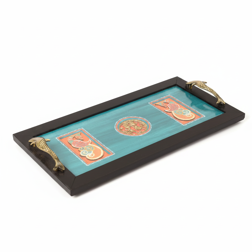 Ocean Blue Hand Painted Classic Wooden Tray & Fish Brass Handles By Tamrapatra - Tamrapatra