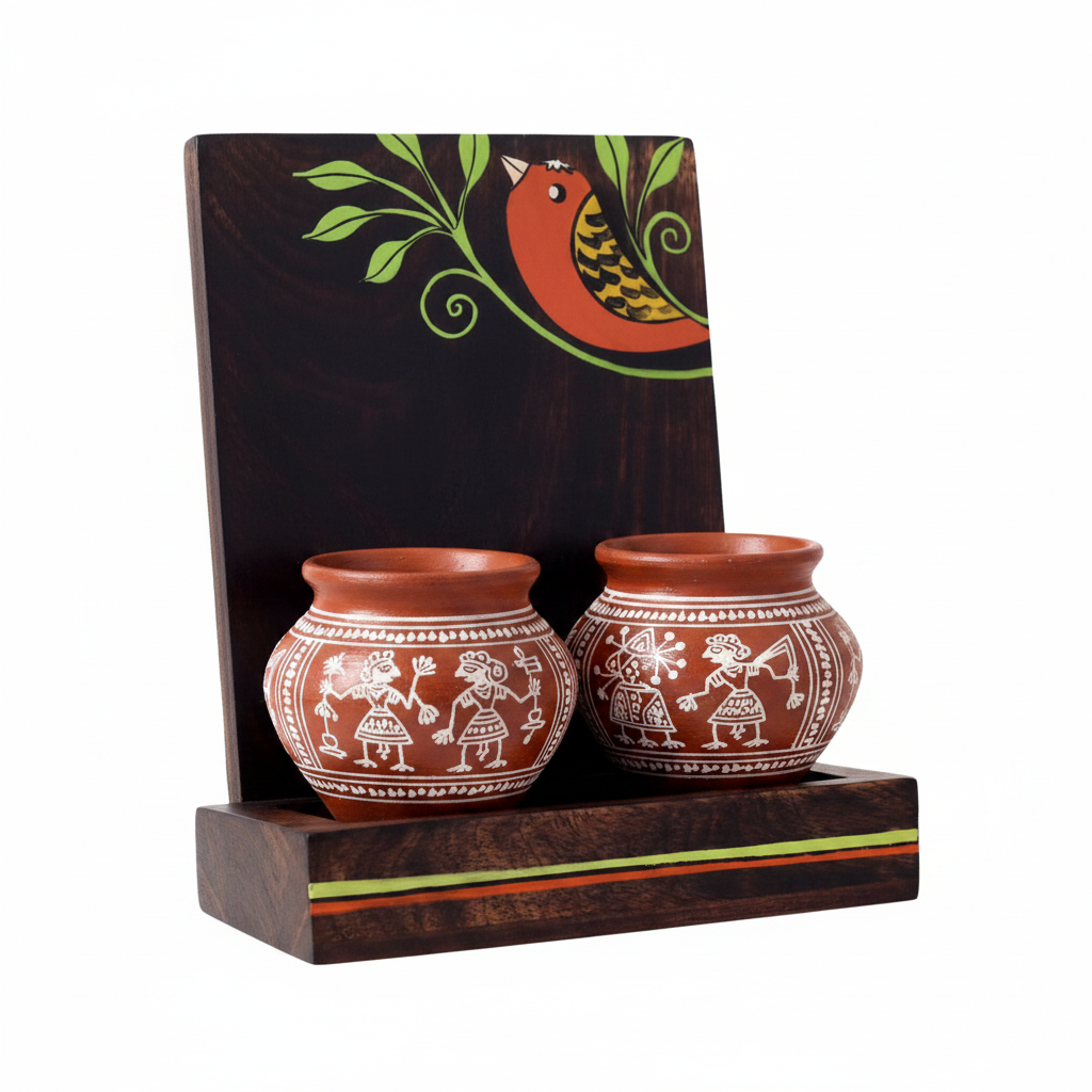 Wall Shelf Wooden With 2 Warli Pots Bird Hand Painting Artistic By Tamrapatra - Tamrapatra