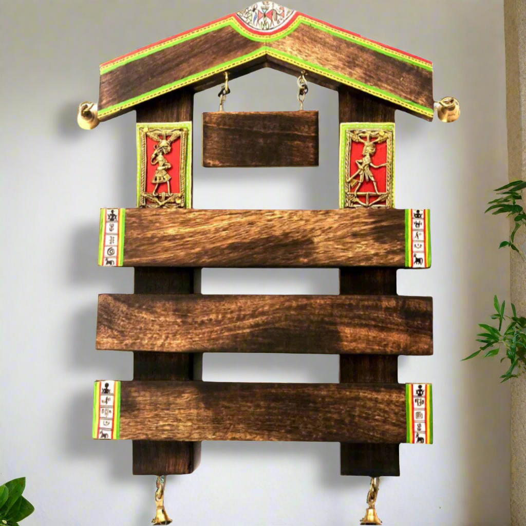 Unique Hut Shaped Wooden Name Plate With Bells HandPainted Tamrapatra