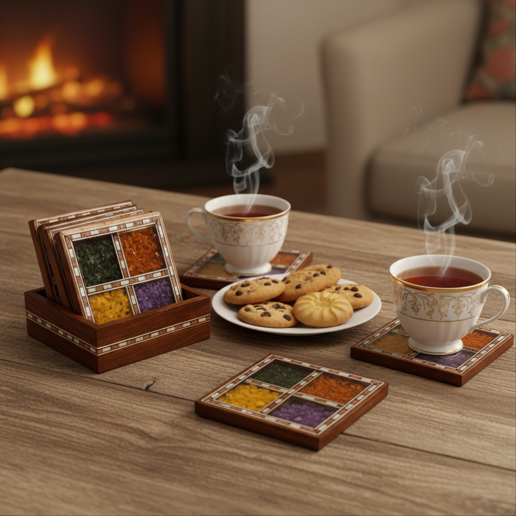 Colorful Gemstones Artwork Enclosed In Wooden Tea Coasters By Tamrapatra