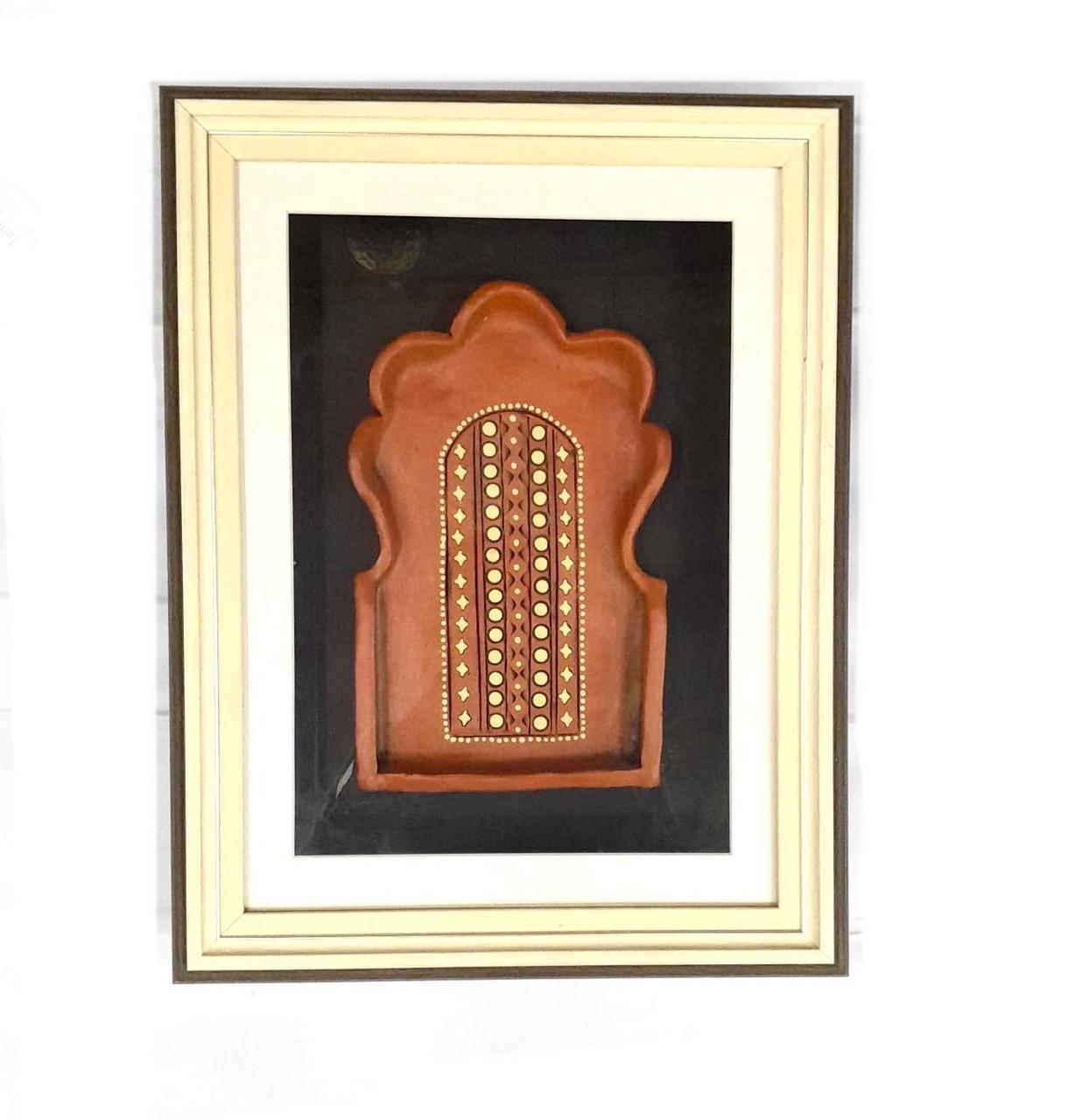 Terracotta Jharokha Enclosed In Glass Frame Vintage Indian Designed Tamrapatra