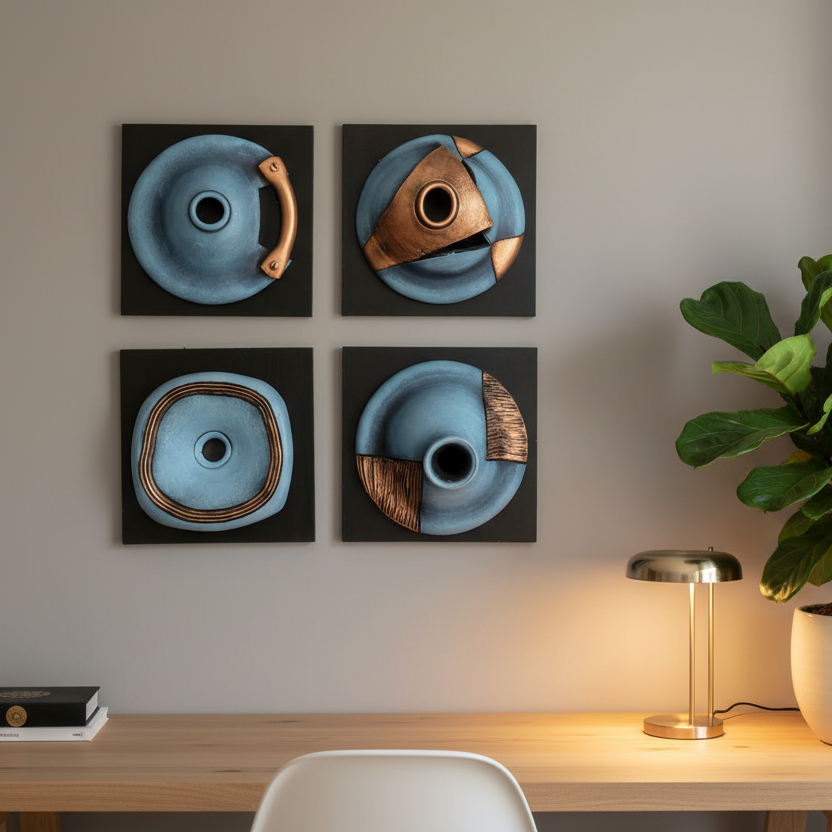 Blue Theme Geometrical Designer Creative Pots Wall Hangings Set Of 4 Tamrapatra - Tamrapatra