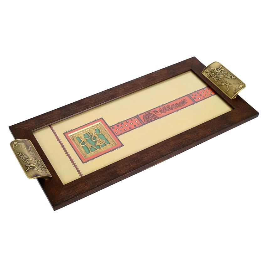 Handcrafted Serving Tray Beige With Brass Flat Handles Easy Serve By Tamrapatra