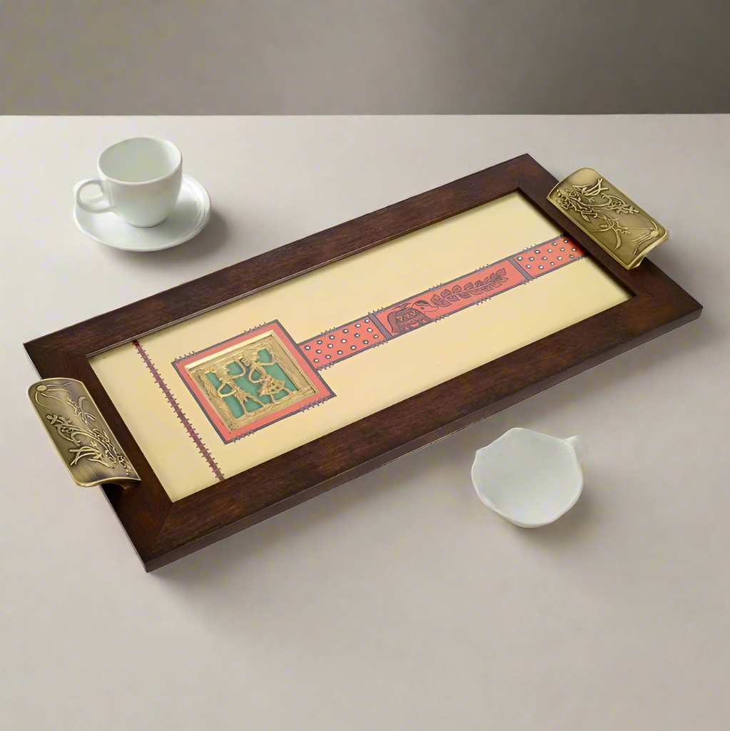 Handcrafted Serving Tray Beige With Brass Flat Handles Easy Serve By Tamrapatra