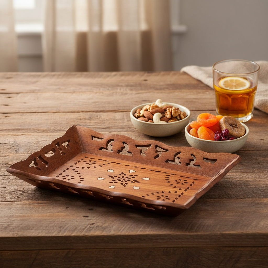 Flower Carved Wooden Handmade Trays Excellent Craftsmanship By Tamrapatra