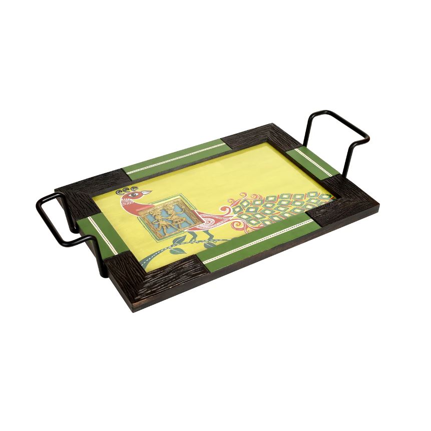 Tough Glass Elegant Serving Tray Warli & Madhubani Dhokra Combined Art Tamrapatra