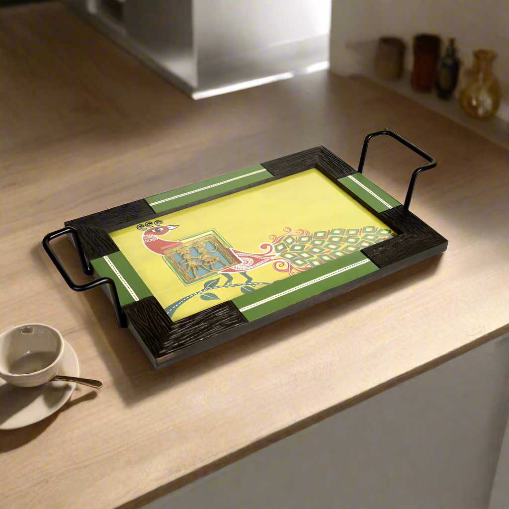 Tough Glass Elegant Serving Tray Warli & Madhubani Dhokra Combined Art Tamrapatra