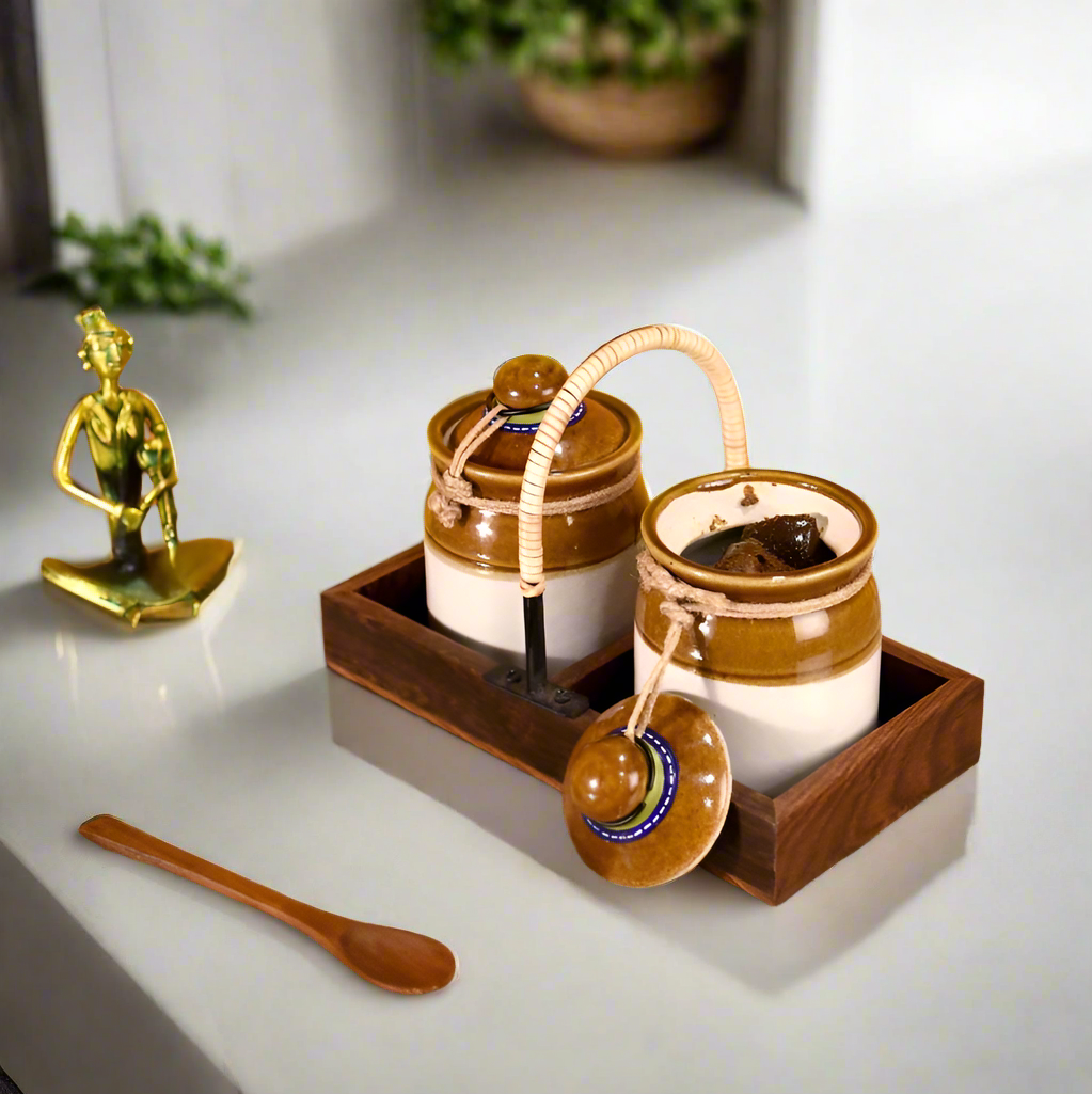 2 Pickle Jars On Wrought Iron Wooden Stand With Designed Cane By Tamrapatra