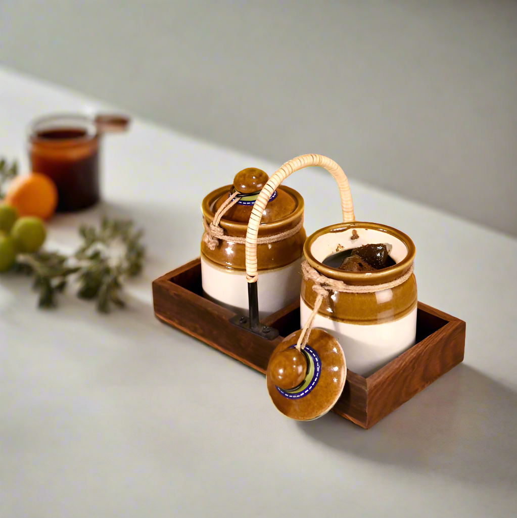 2 Pickle Jars On Wrought Iron Wooden Stand With Designed Cane By Tamrapatra