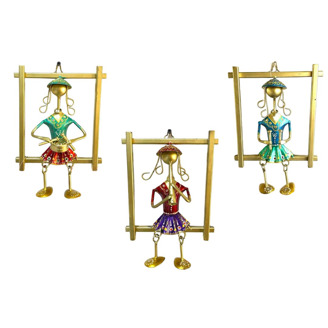 Decorative figurines of people in colorful outfits with gold frames on a white background