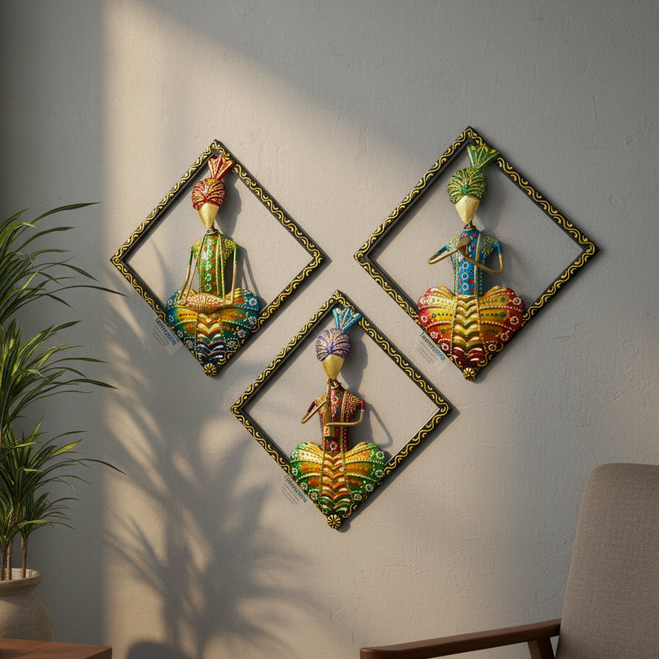 Three colorful figurines in diamond-shaped frames on a white background