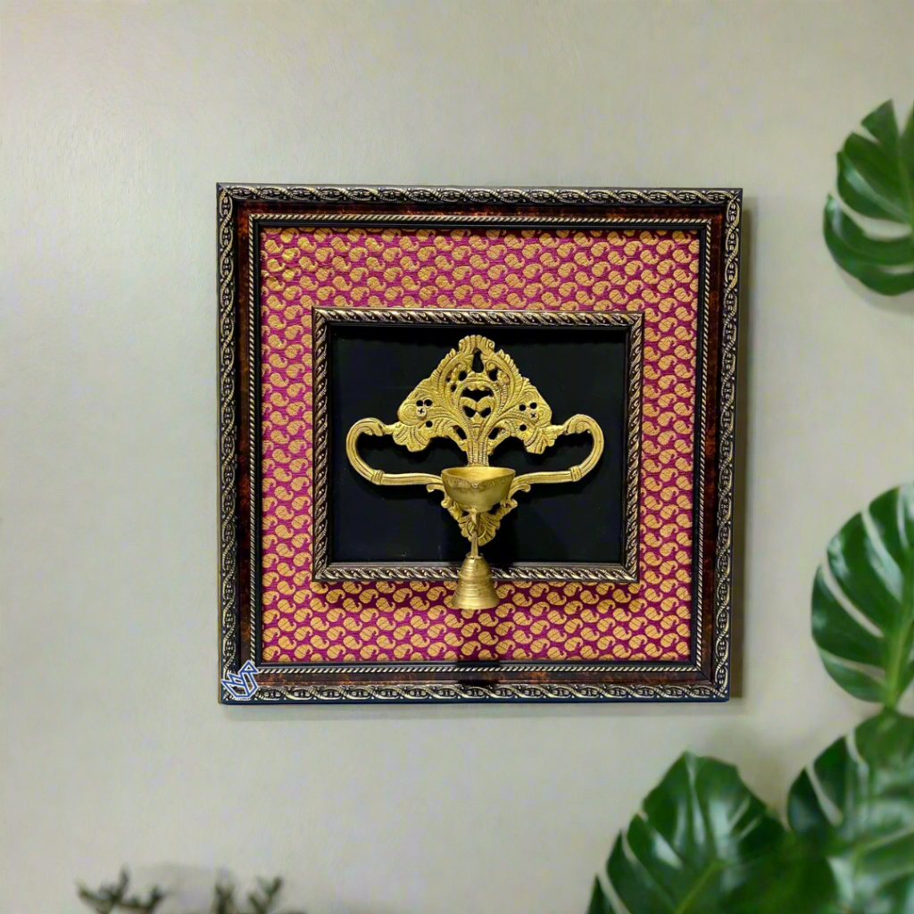 Decorative wall art with a gold emblem on a black background, framed by a decorative border.