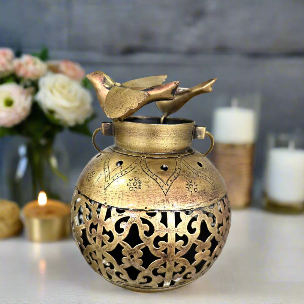 Unremarkable Metal Candle Holder With Sweet Birds Sitting Handmade Tamrapatra