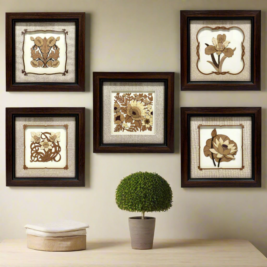 Set of five framed floral artworks with brown frames on a white background