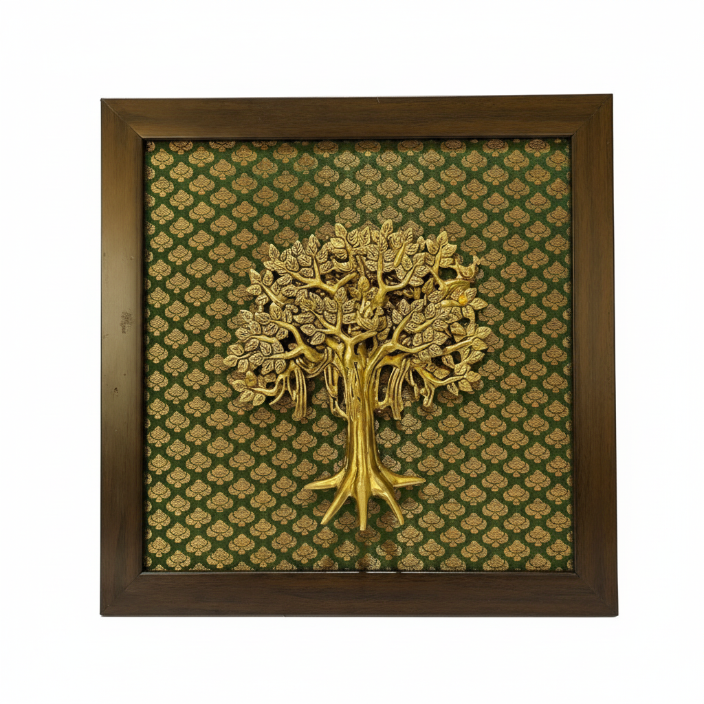 Decorative wall art with a gold tree on a green patterned background