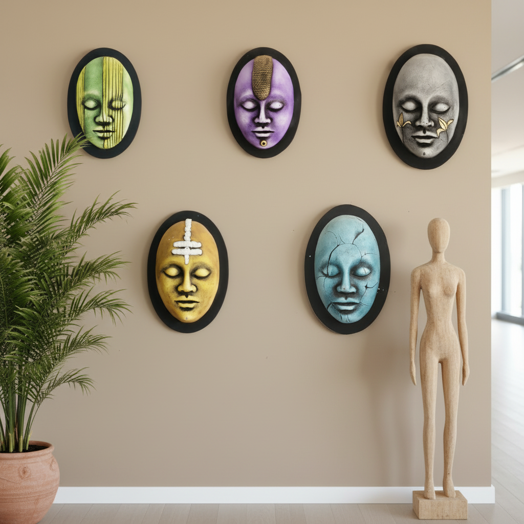 Creative Terracotta Masks In Vibrant Shades On MDF Hanging From Tamrapatra - Tamrapatra