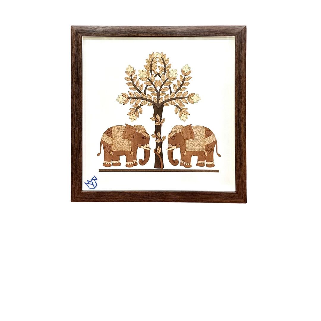 Elephants Under Tree Frame Wooden Carving Handmade Unique 3D Art By Tamrapatra