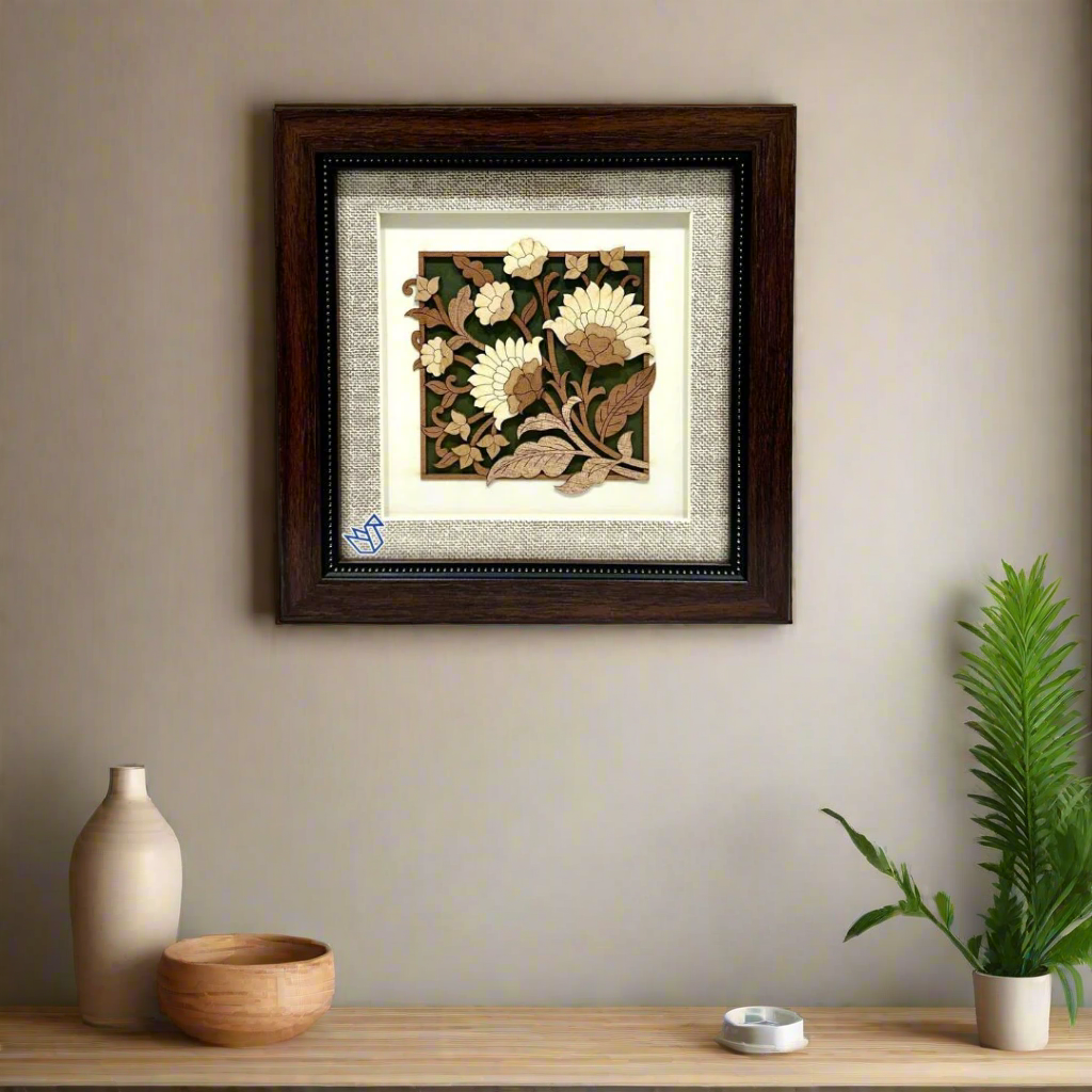 Framed floral artwork with a brown frame on a white background