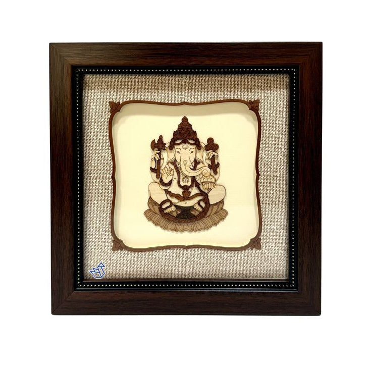 Framed artwork of a deity figure on a textured background