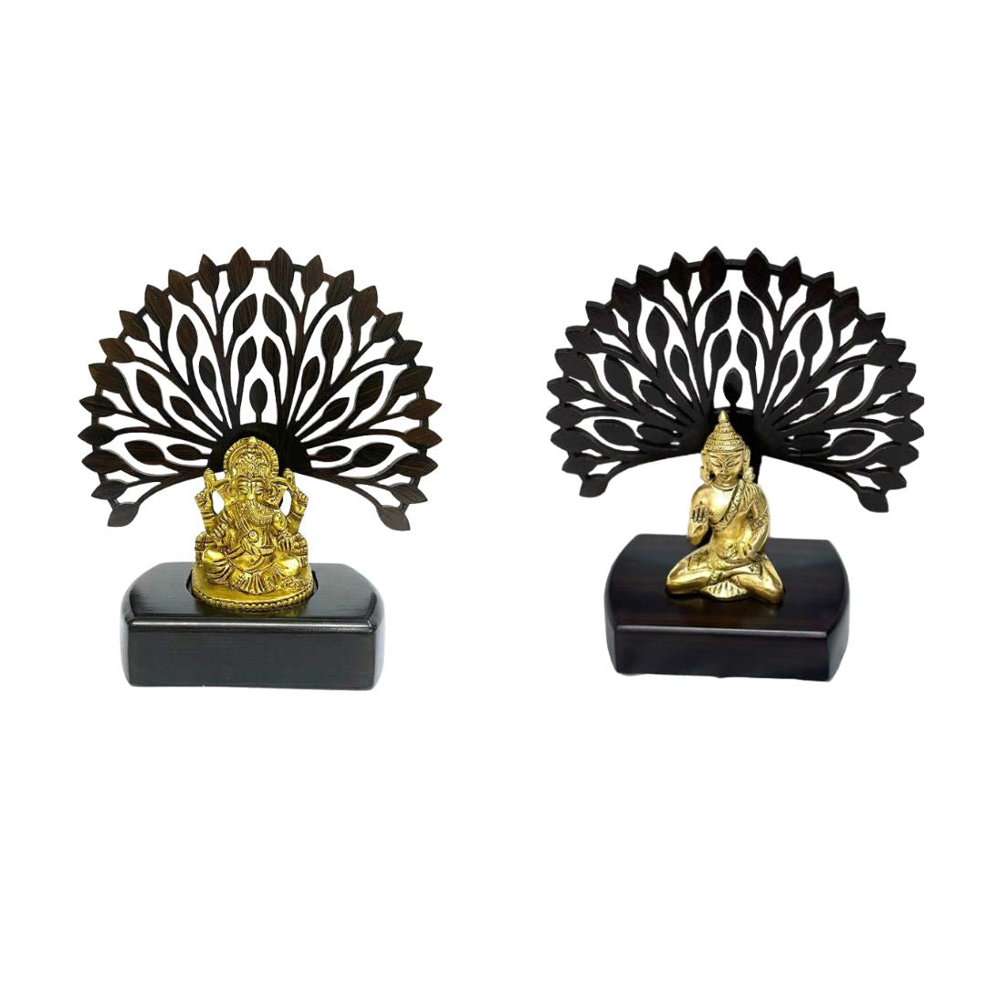Ganesha Buddha Brass Idol Under Wooden Carving Tree Artwork From Tamrapatra