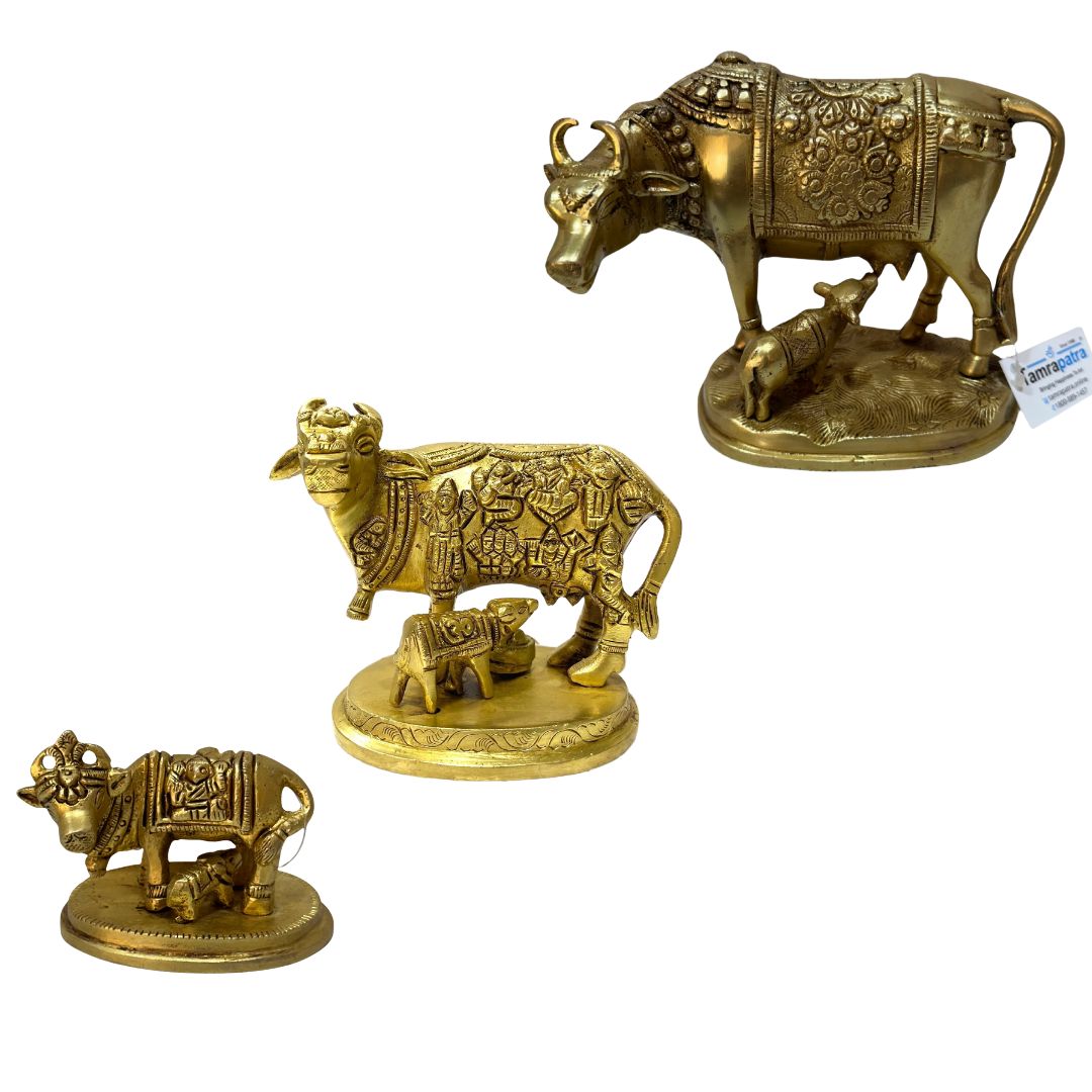 Kamdhenu Cow And Baby Brass Decorative Showpiece Exclusively At Tamrapatra
