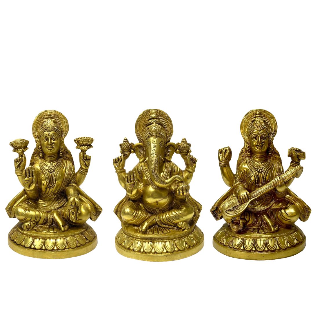 Gift Brass Idols Sarasvati Lakshmi Ganesh Hindu Gods Religious From Tamrapatra