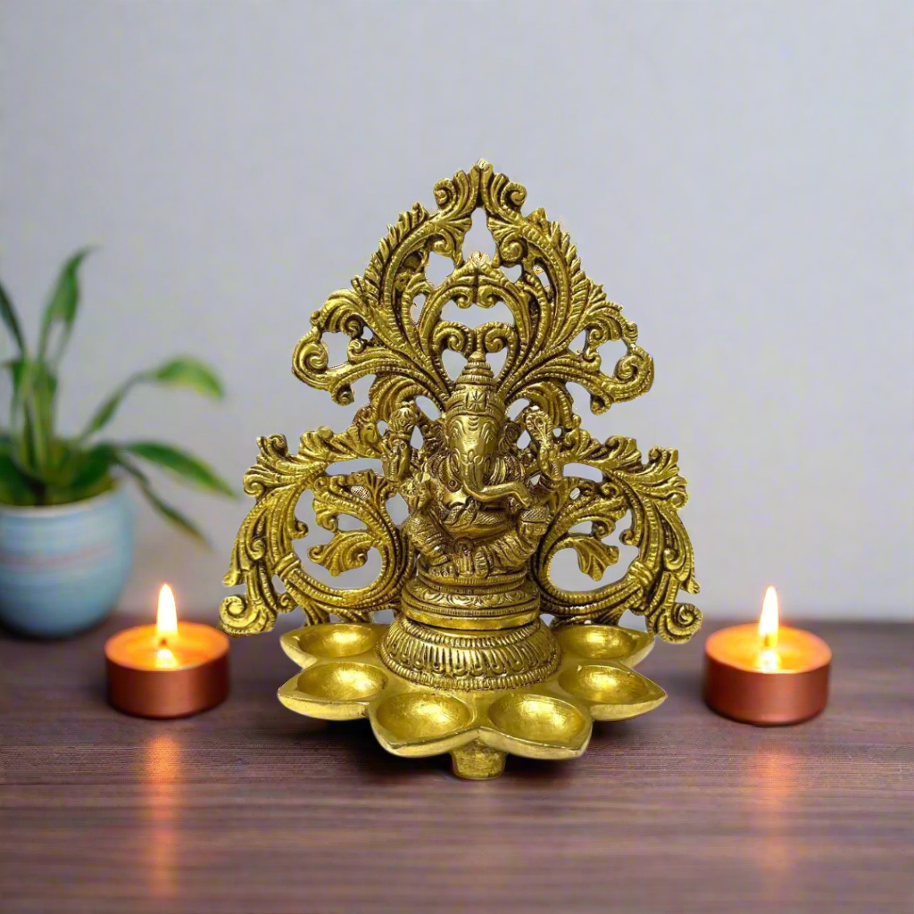 Divine Lord Ganesha Idol With Diya's In Brass Best Quality From Tamrapatra