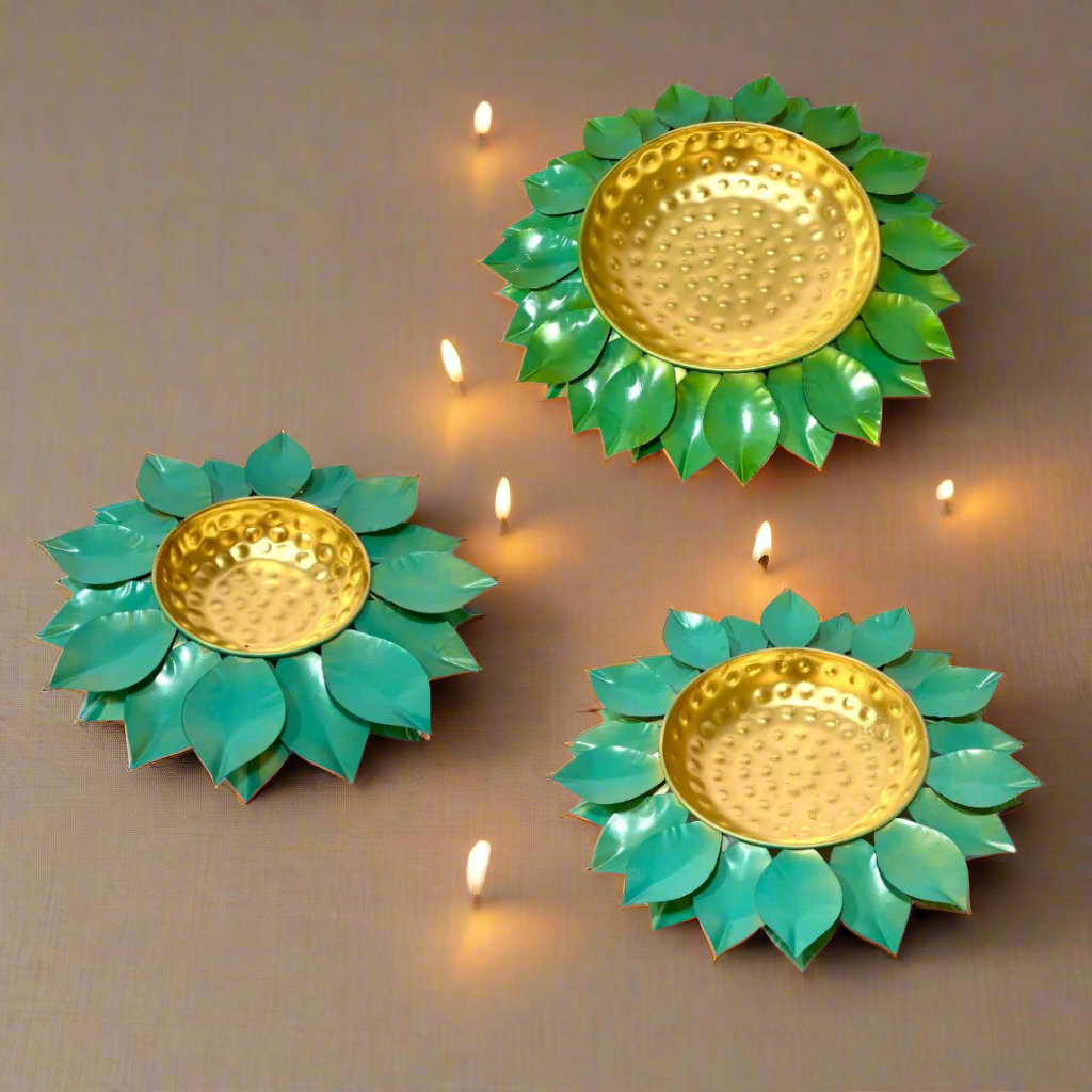 Cyan Blue Green With Golden Touch Unique Shaded Lotus Urli Metal By Tamrapatra