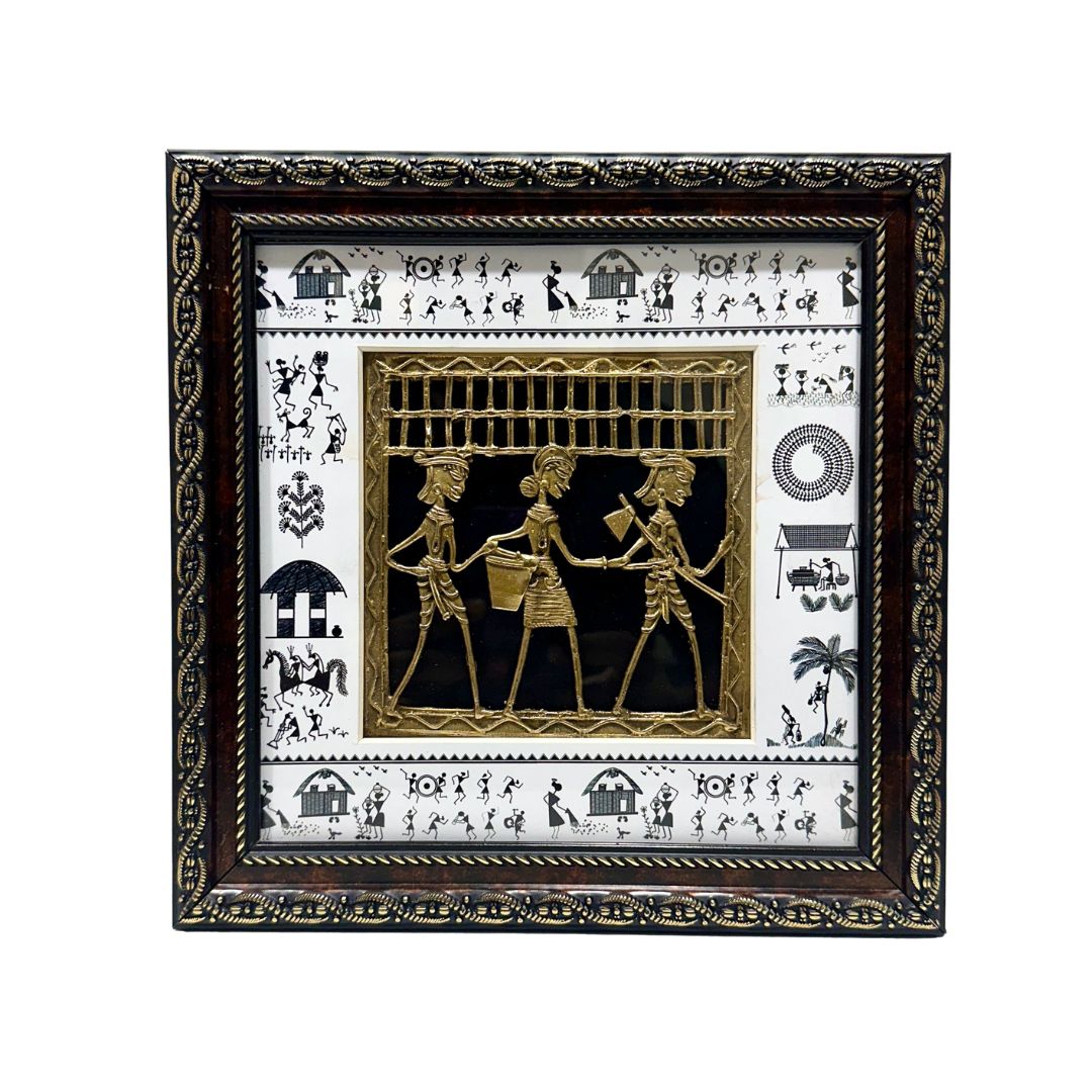 Modern Warli Art Fused Dhokra Figure Frame Hanging Antique Style By Tamrapatra