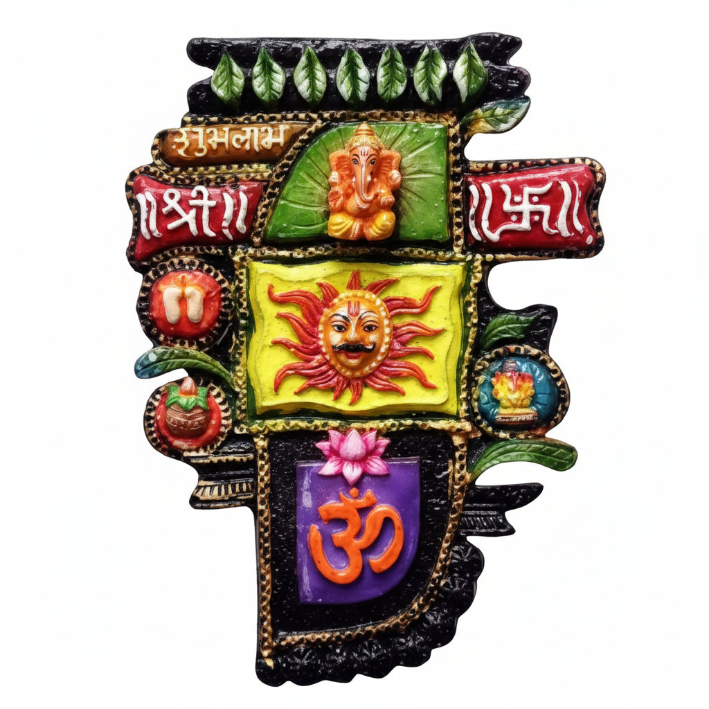 A colorful handcrafted decorative hanging featuring various symbols and deities in a Vastu frame.
