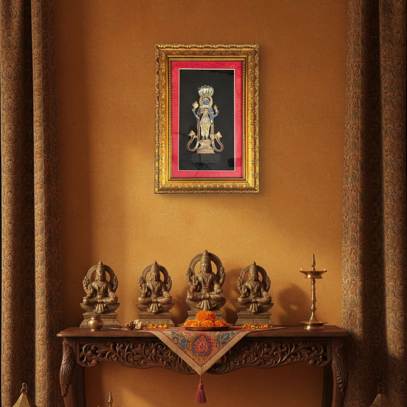 Vintage Hindu God Vishnu Shesha Avtar Premium Brass Art In Frame Tamrapatra - Tamrapatra